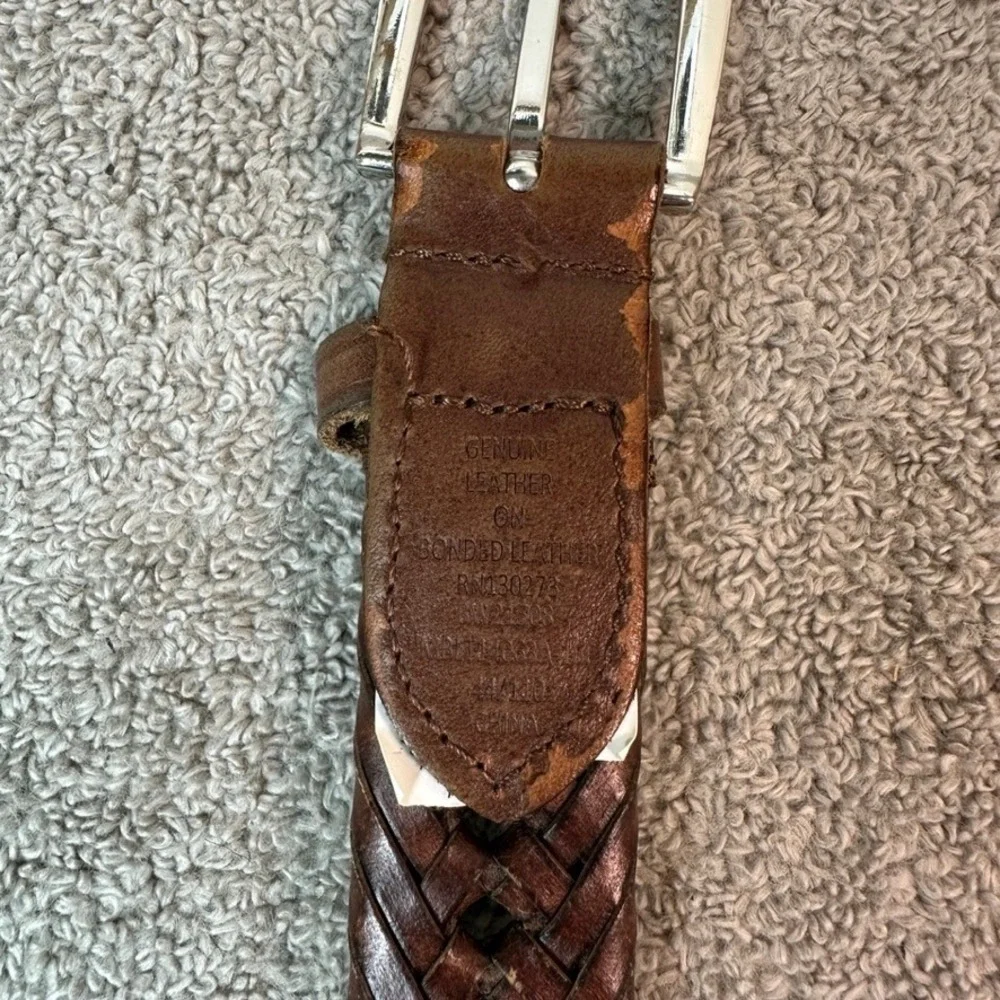 Brown Braided Leather Belt Mens 44 Silver Buckle Woven RN130273 51 Inch